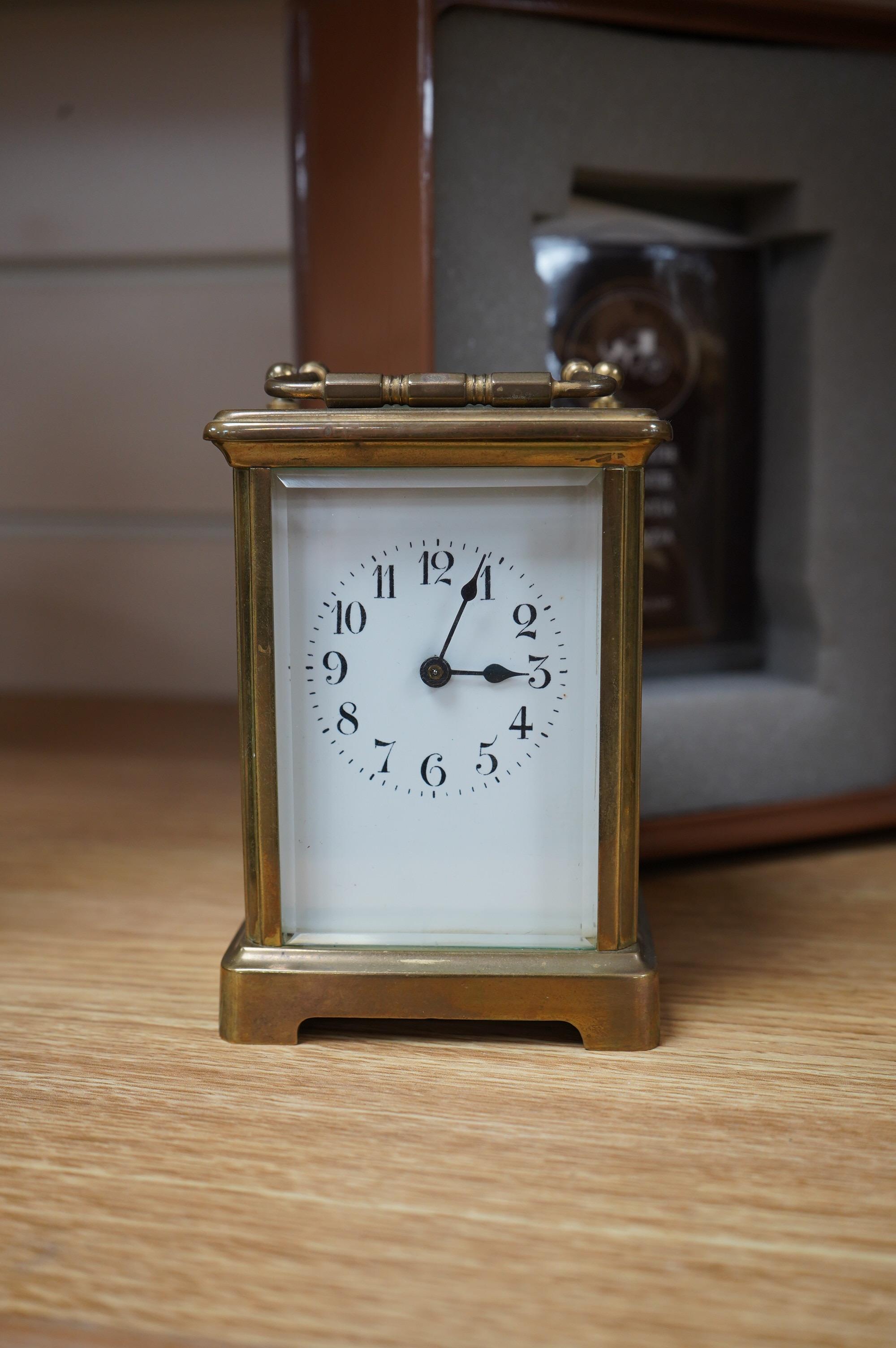 Three brass carriage timepieces (one a.f.), tallest 12.5cm. Condition - fair to good, one missing balance platform.